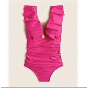 J. Crew Pink Fushia One Piece Swim Suit Ruched Ruffle V Neck Women's Size 6 (861